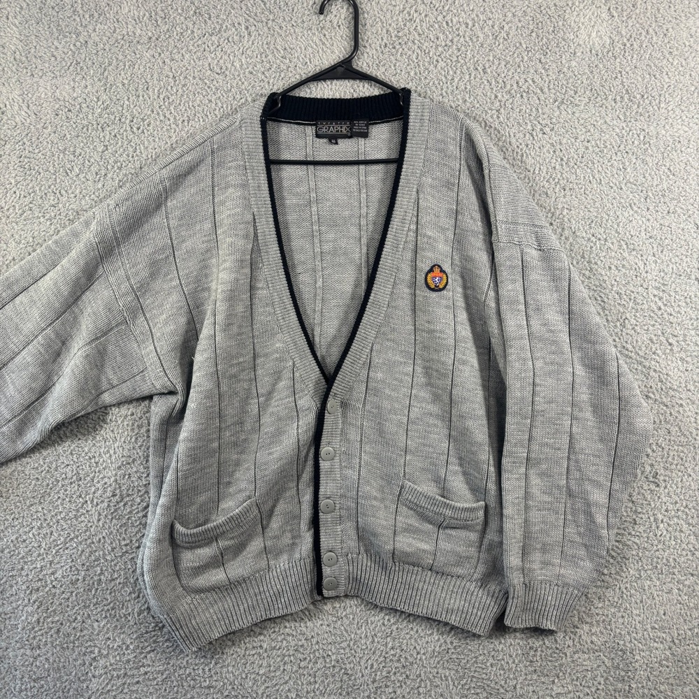 Sweater Graphix Mens 2X Gray Ribbed Button Front Cardigan Crest Patch V-Neck